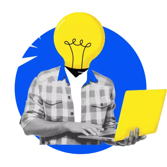 Design d'un homme devant son ordinateur qui a une idée